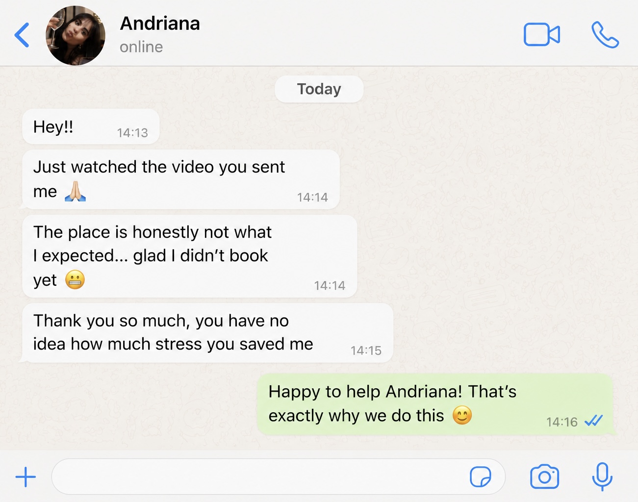 WhatsApp message from Andriana